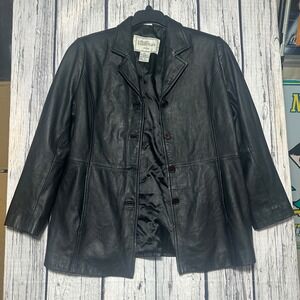 Vintage Modern Essentials Black Leather Jacket Petite Large PL Button Close